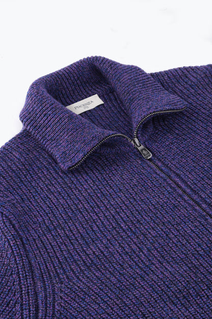 Cardigan zip in lana blu e viola