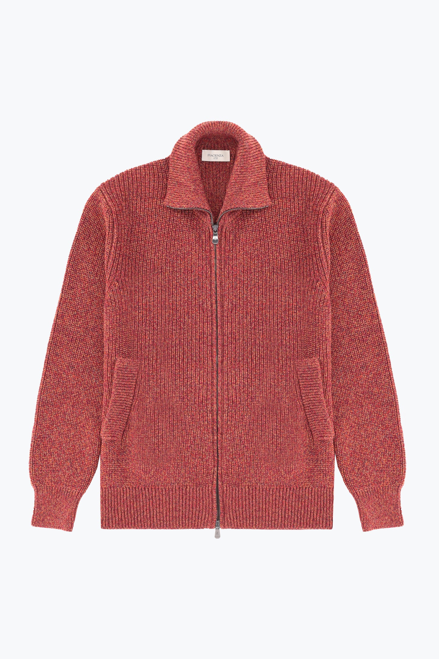 Cardigan zip in lana mattone e arancio