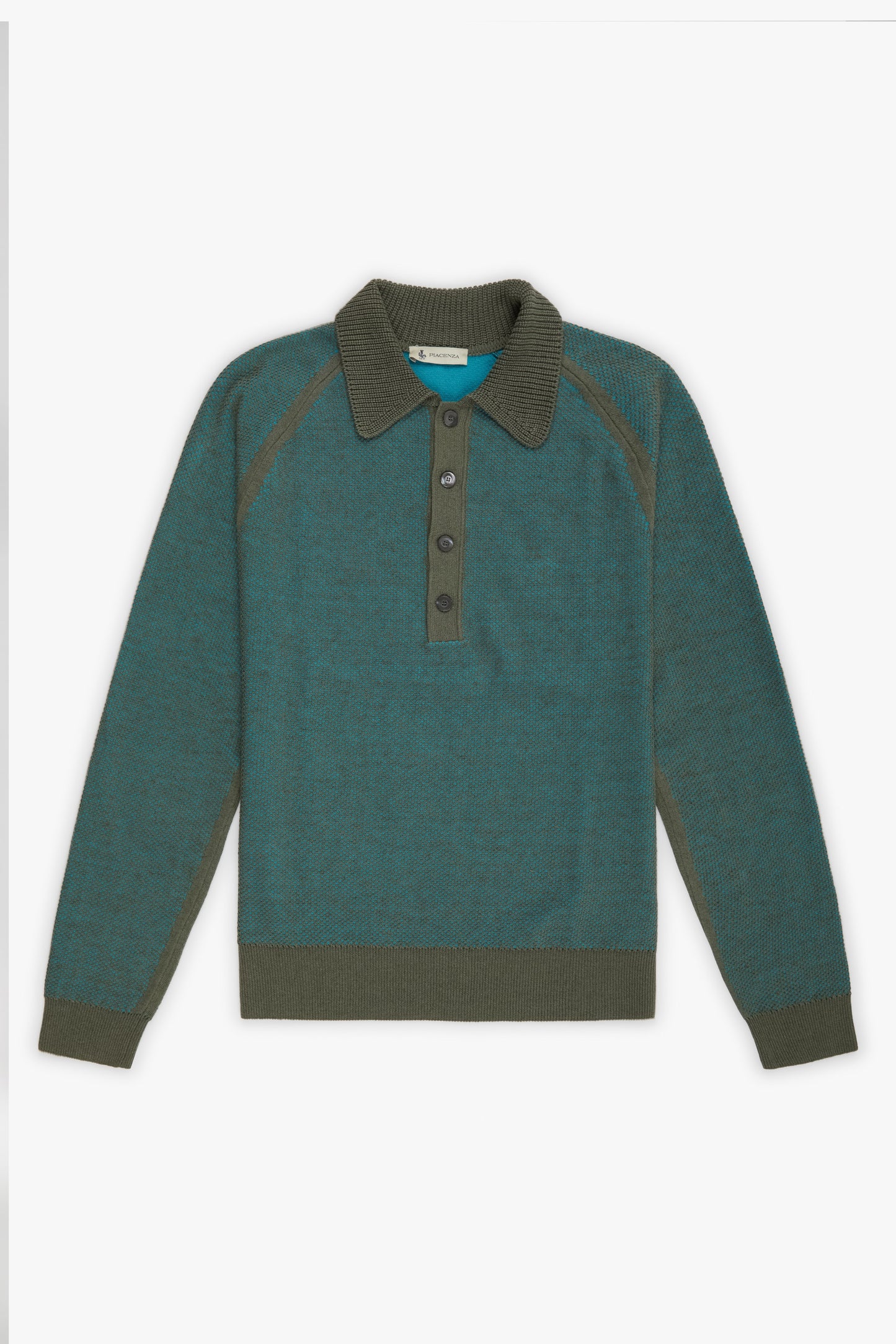 Green two tone honey comb long sleeve polo shirt