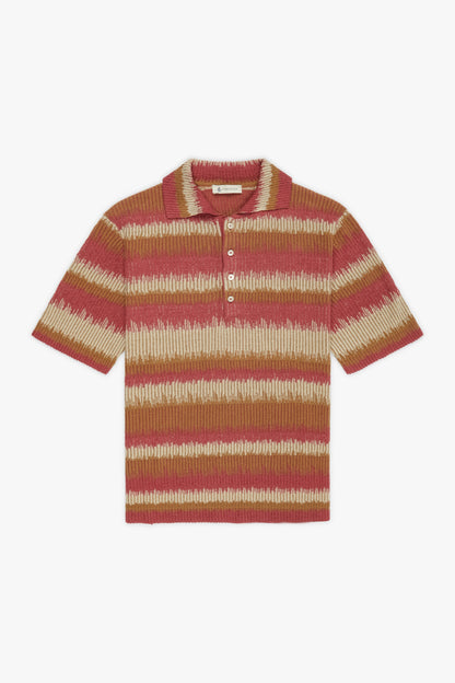 Burnt, neutral and pink ikat striped flat rib polo shirt