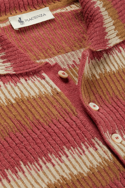 Burnt, neutral and pink ikat striped flat rib polo shirt