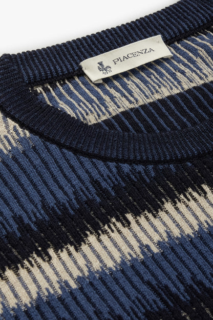 Maglia maniche lunghe ikat striped flat rib blu e bianco