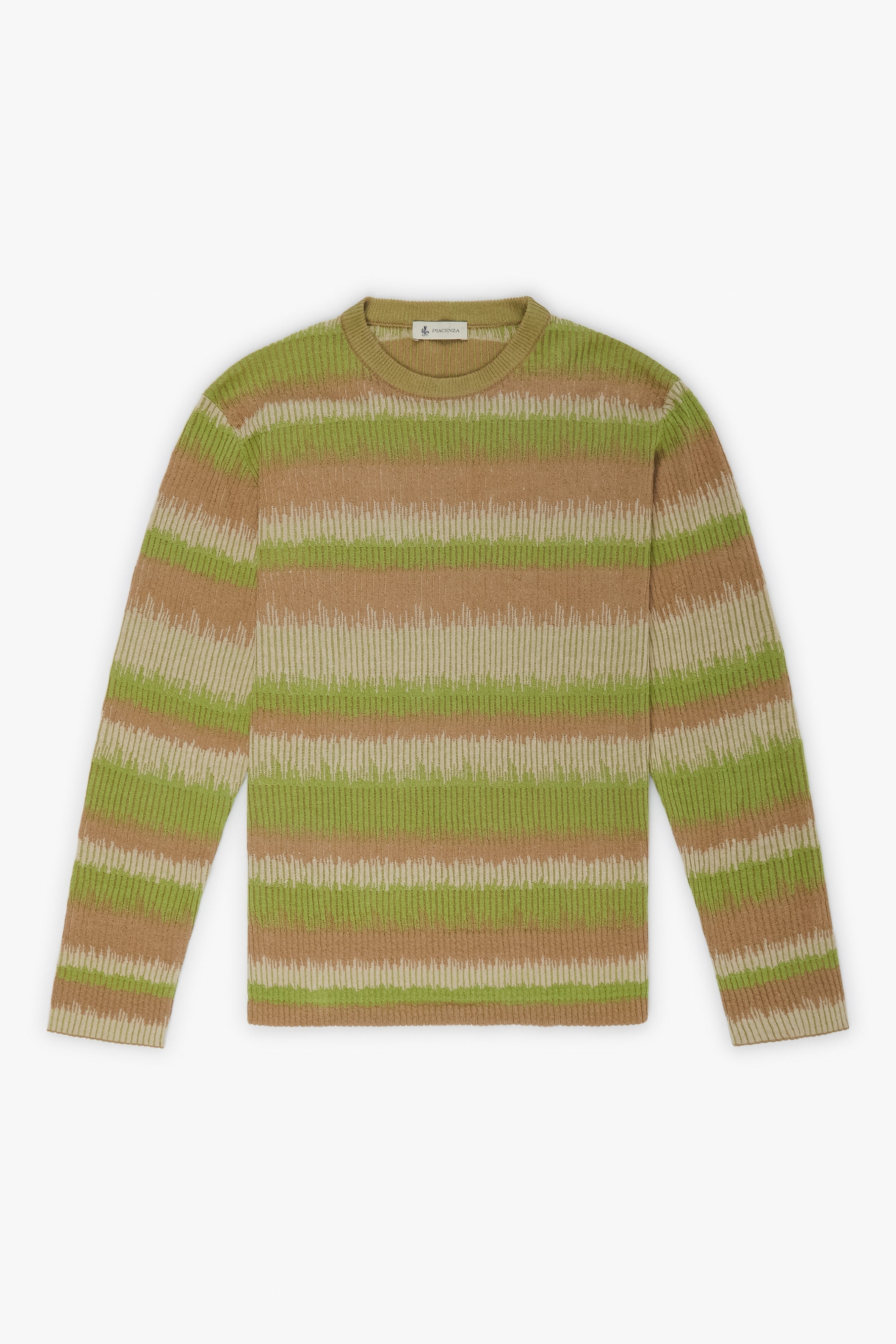 Piacenza 1733 Maglia maniche lunghe ikat striped flat rib verde e naturale