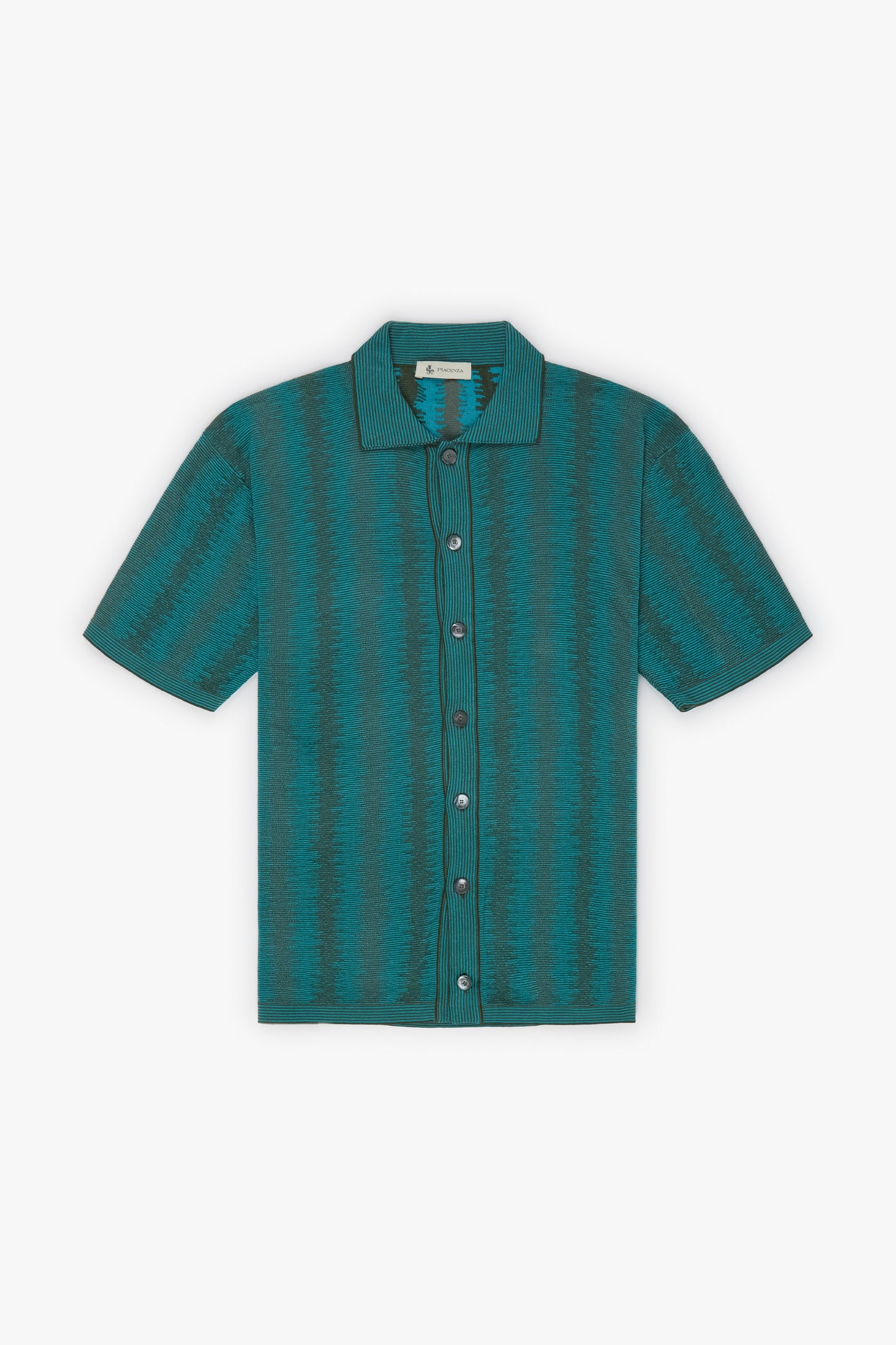 Green and light blue vertical stripe ikat short sleeve shirt