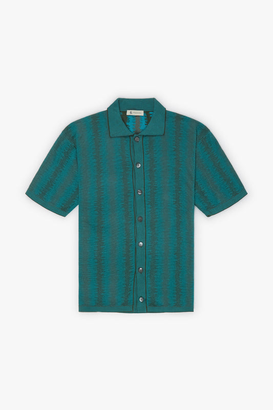 Green and light blue vertical stripe ikat short sleeve shirt