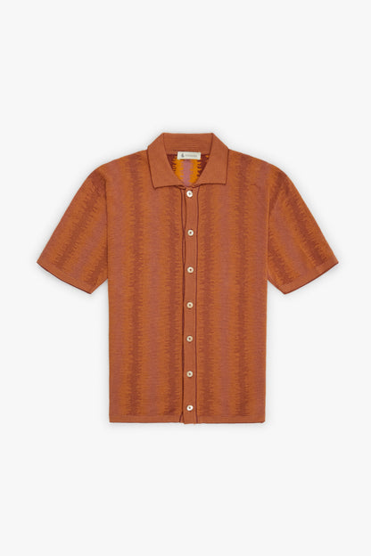 Mustard and burgundy ikat vertical stripe short-sleeved shirt