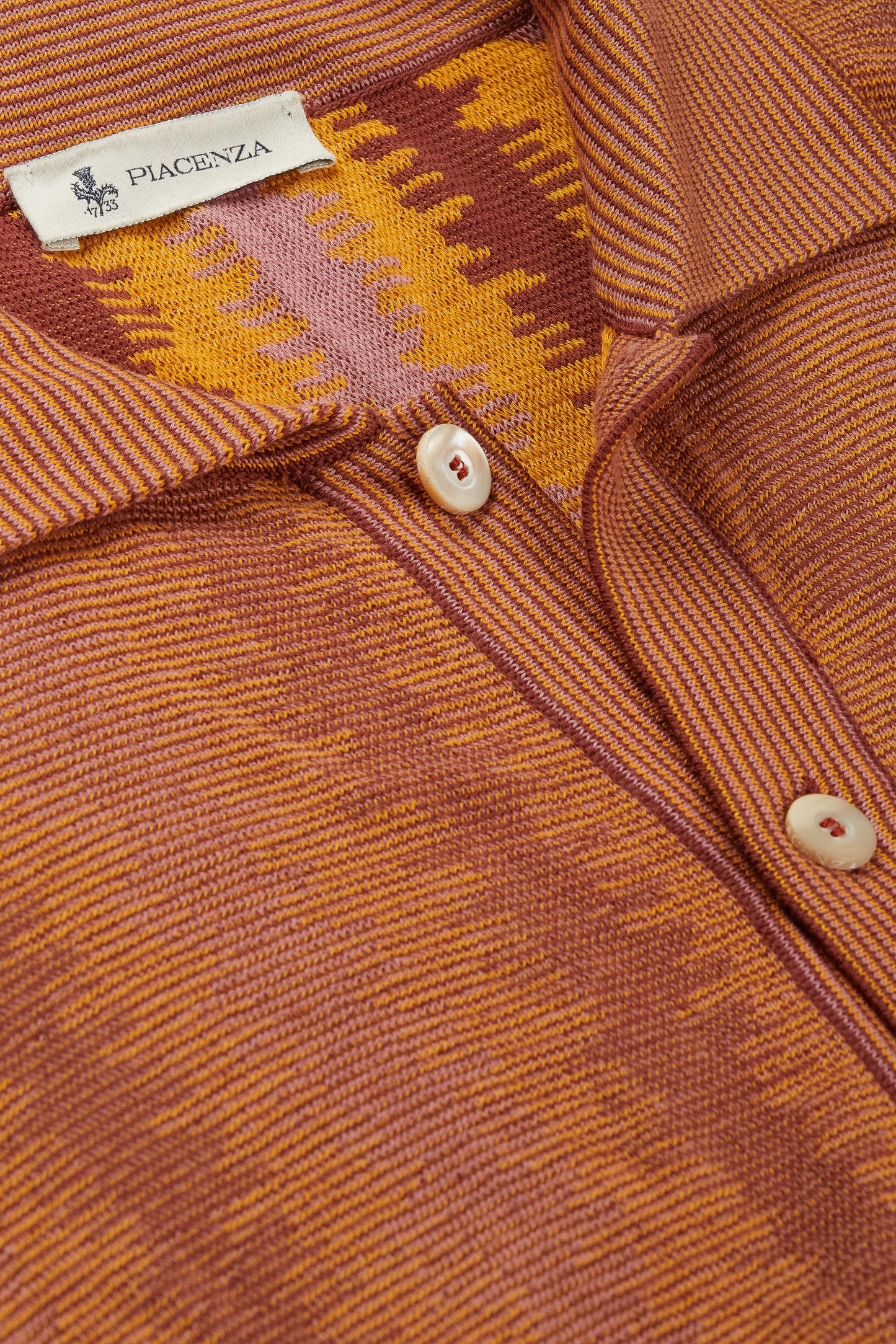 Mustard and burgundy ikat vertical stripe short-sleeved shirt