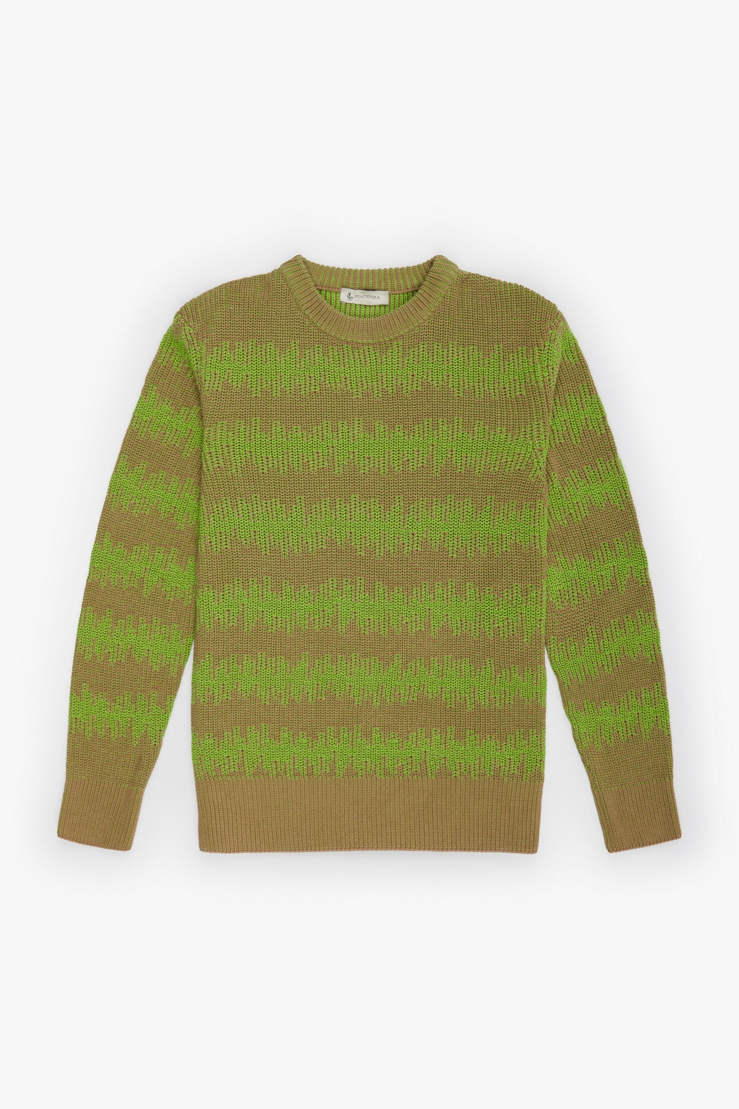 Natural and fluorescent green cob striped ikat sweater