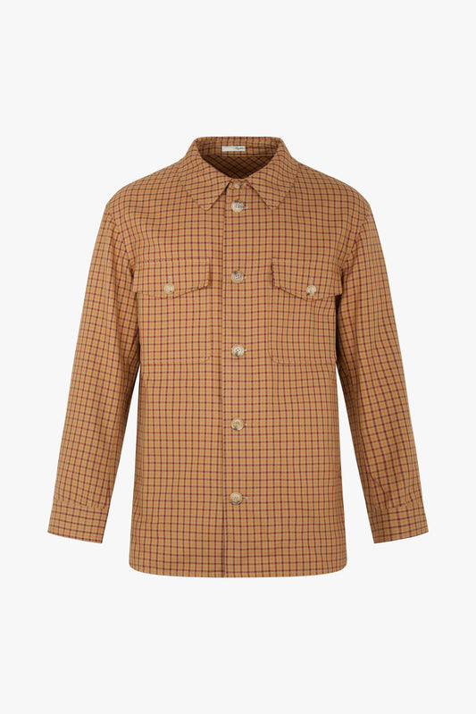 Camel and burgundy micro check shirt jacket