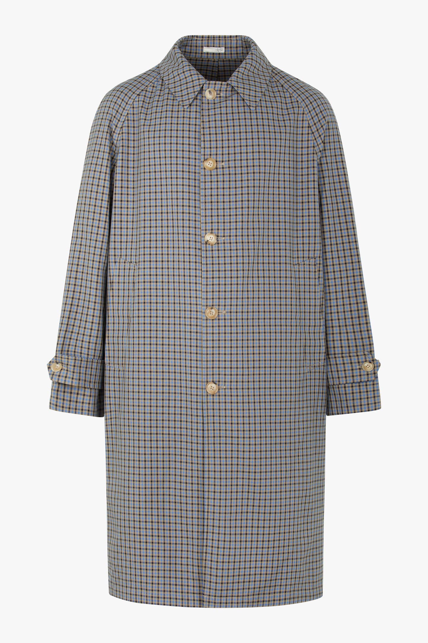 Light blue and brown micro check trench coat