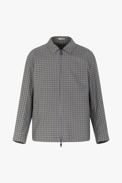 Light blue and brown micro check zip shirt collar jacket