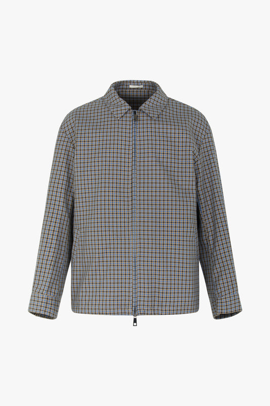 Giacca collo camicia zip micro check azzurro e marrone